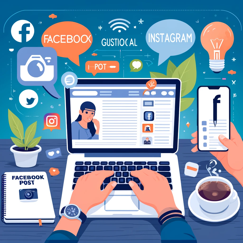 A professional guide on writing engaging posts for Facebook and Instagram. The image depicts a person typing on a laptop with a coffee cup beside them