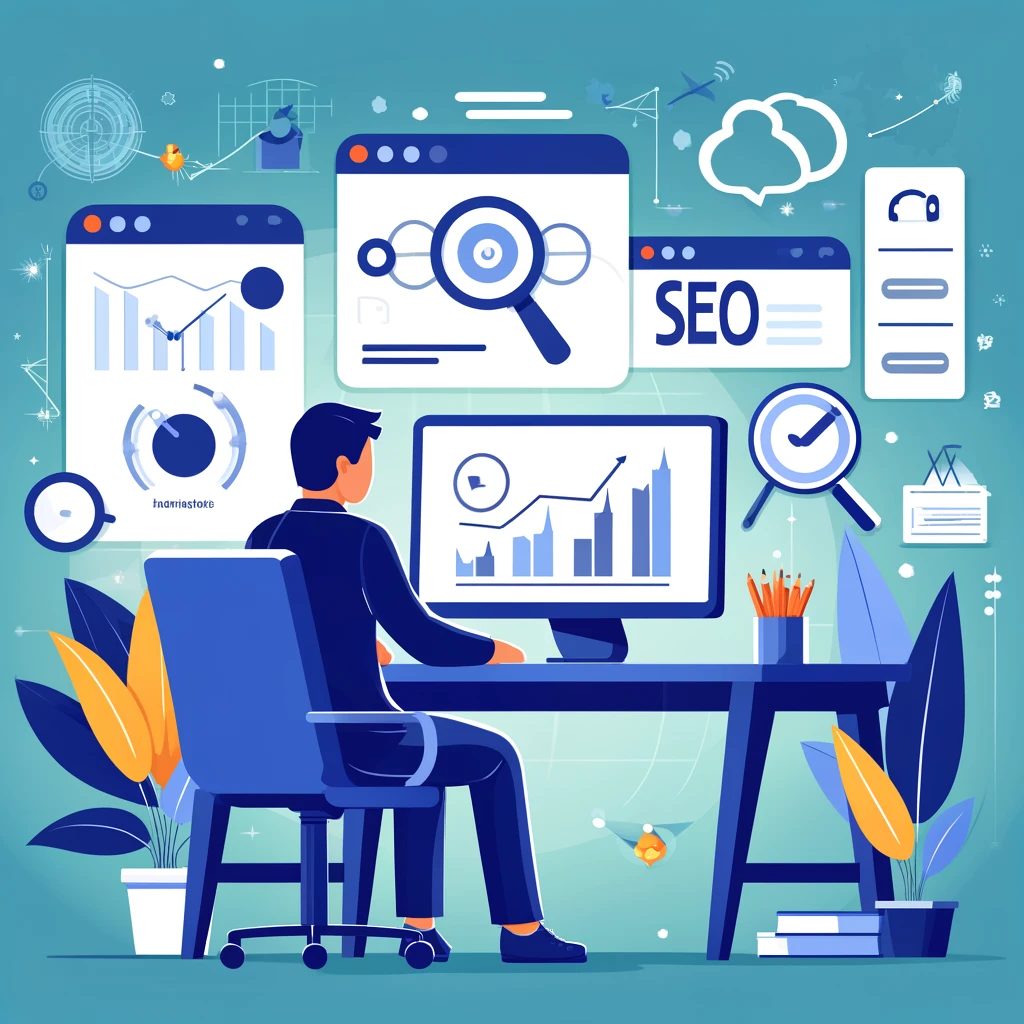 Illustration of a small business owner analyzing data using SEO tools. The image shows a person working on a computer with graphs, charts, and analyti